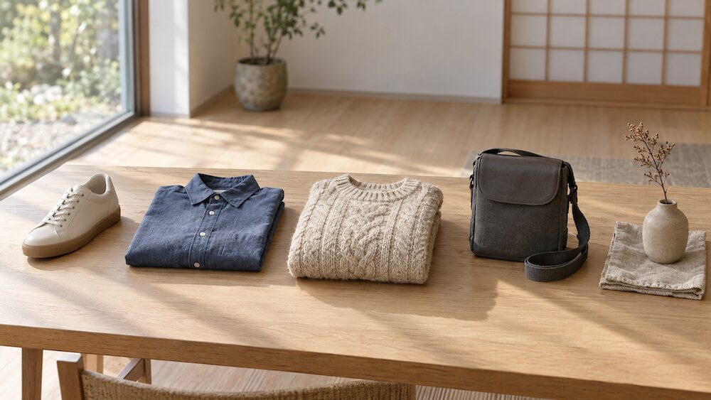 スニーカーや衣服、小物を並べたメンズファッションの比較イメージ