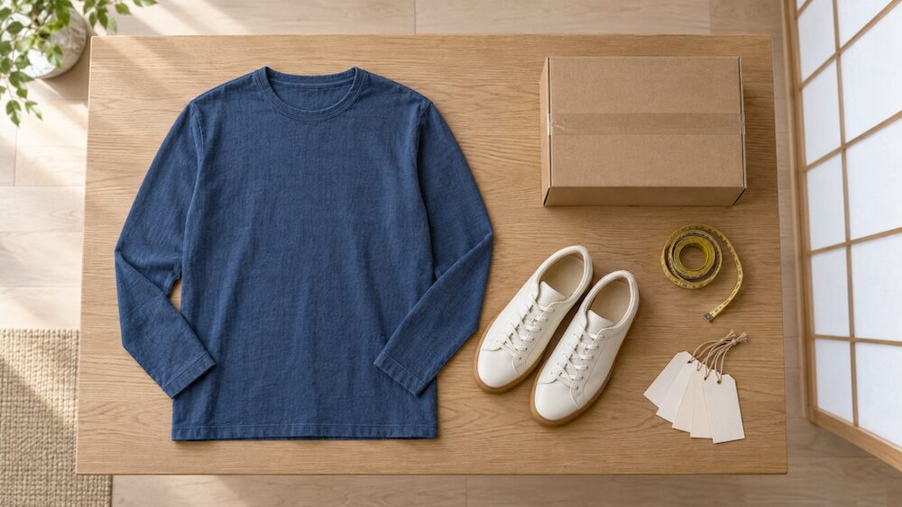 服と靴のサイズや返品用の梱包を確認するイメージ