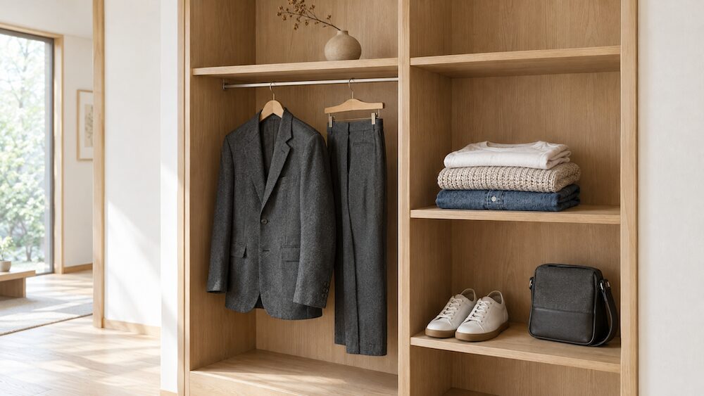 衣服やスニーカー、小物を種類別に整理したワードローブ