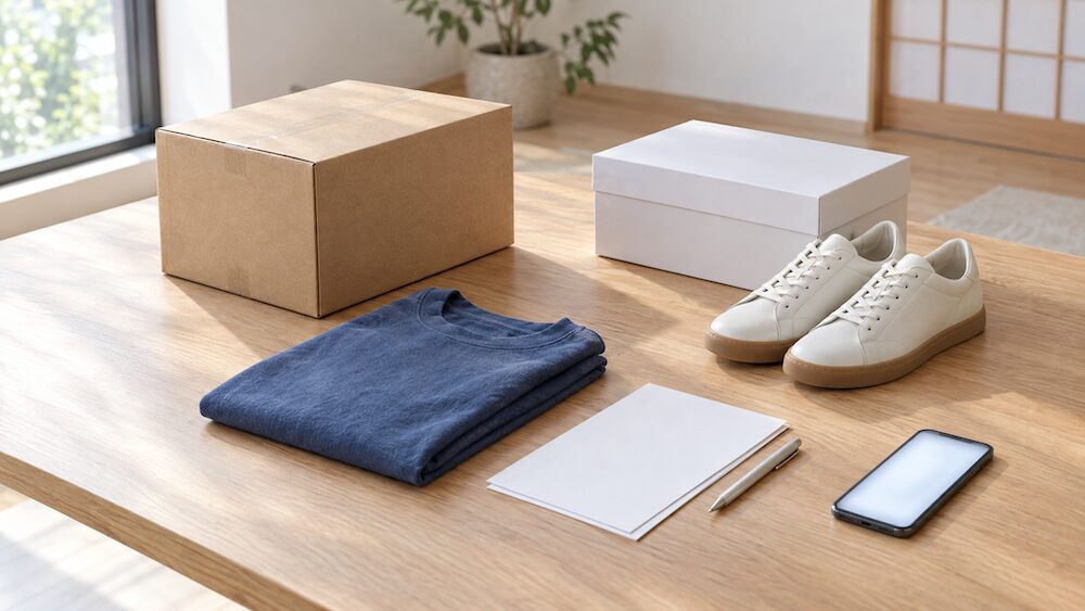 配送箱や衣服、返品用書類を並べた通販手続きのイメージ